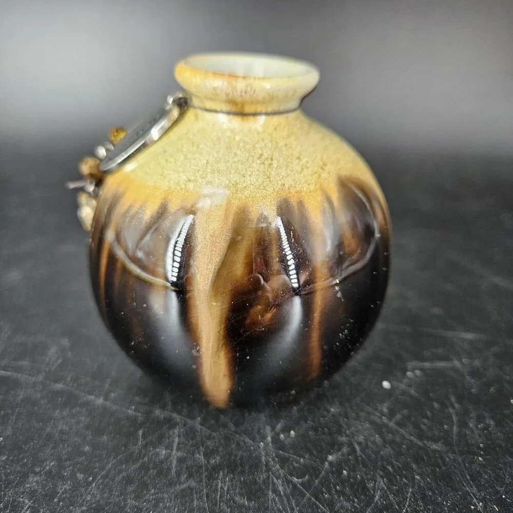 Ceramic Bud Vase Drip Glaze Brown Black Tan Mini Round Serenity Charm Incense 3